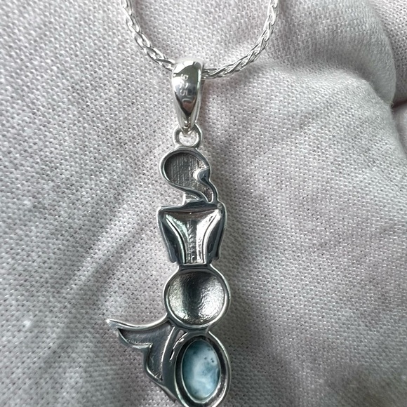 .925 Sterling Silver Natural Larimar Mermaid Silhouette Becklace - Picture 12 of 16